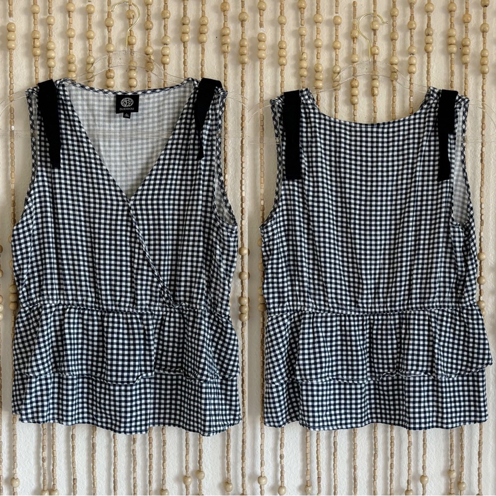 Bobeau Navy White Gingham Plaid Bow Sleeve Wrap Front Cottage Coquette Blouse L